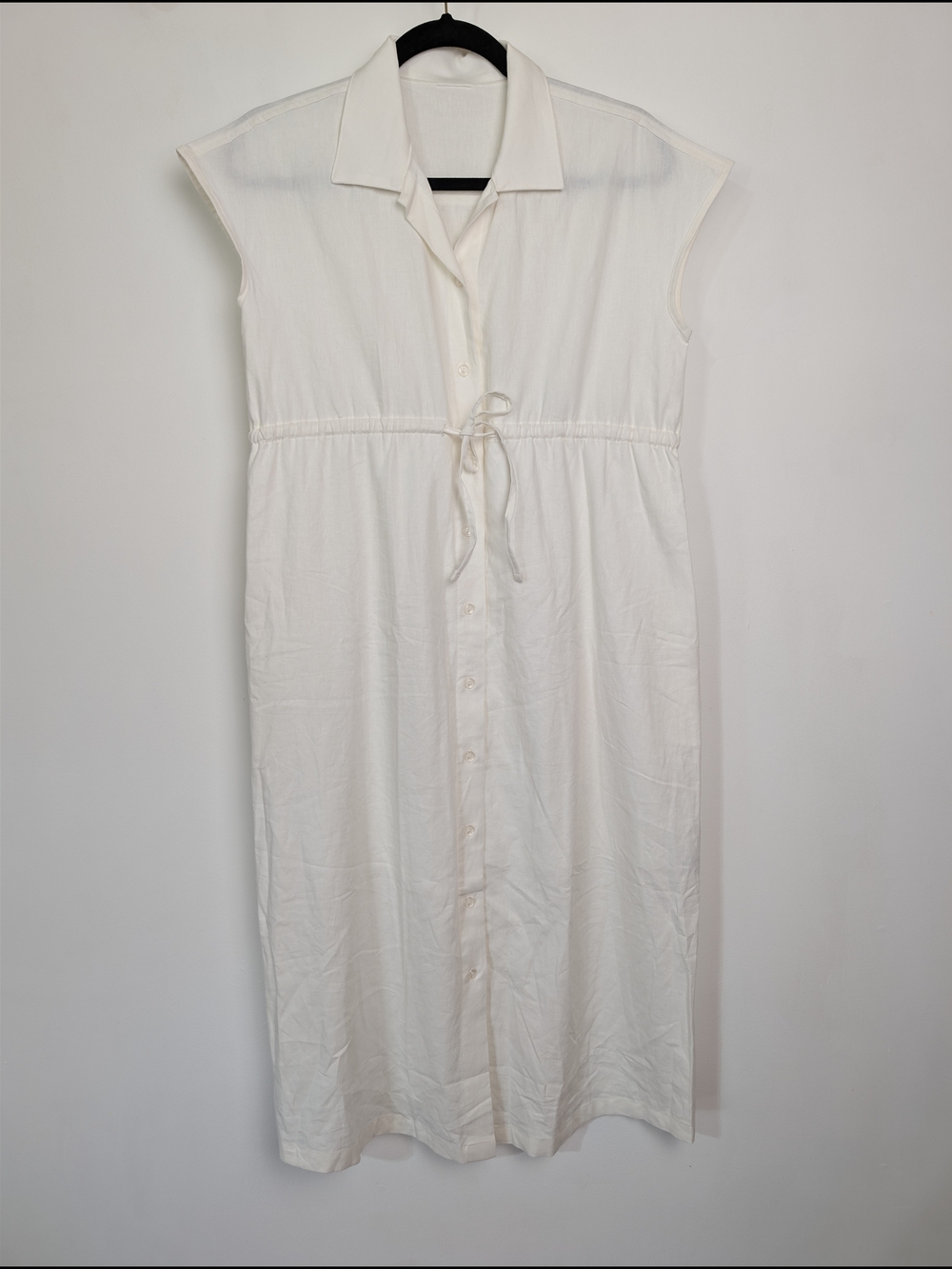 Oversized Linen Blend White Button Up Front Drawstring Midi Dress Sz XS Granola